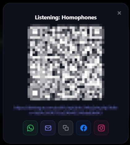 The Share Link dialog for a listening activity: a QR code, the join link, and buttons to send it by WhatsApp, email, copy, Facebook or Instagram.