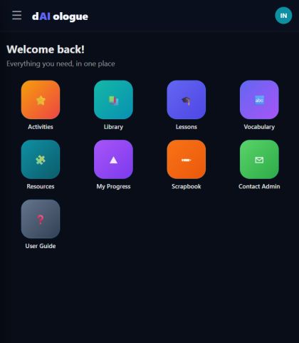 The dAIologue student home screen on a phone, with tiles for Activities, Library, Lessons and Vocabulary.