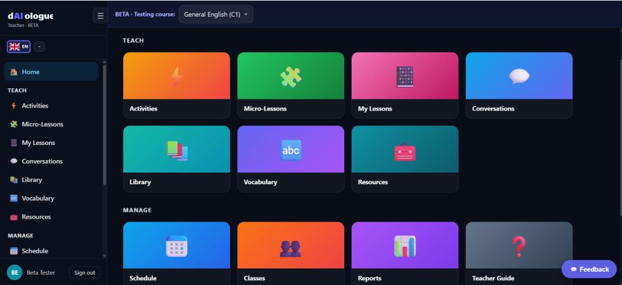 The dAIologue teacher dashboard, showing tiles for Activities, Micro-Lessons, My Lessons, Conversations, Library, Vocabulary and Resources.